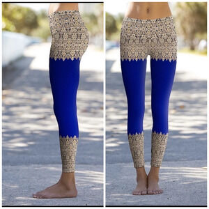 OM Shanti High Rise Elegant Boarder Royal Blue Yoga Leggings S Eco Friendly USA